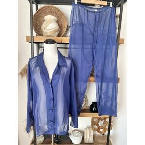 Vintage Frederick’s Of Hollywood Size Large Navy Blue Sheer Pajama Set Lingerie